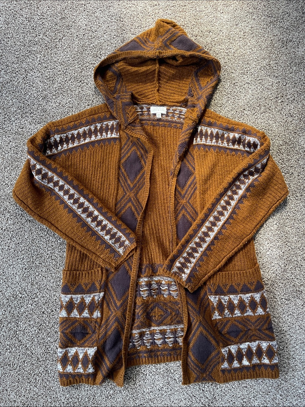 Lucky Brand Hooded Aztec print Fair Isle Cardigan - Mustard Brown size Medium
